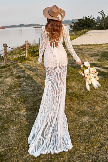 Sirena Marfil Mangas Largas Encaje Vestido de Novia Boho